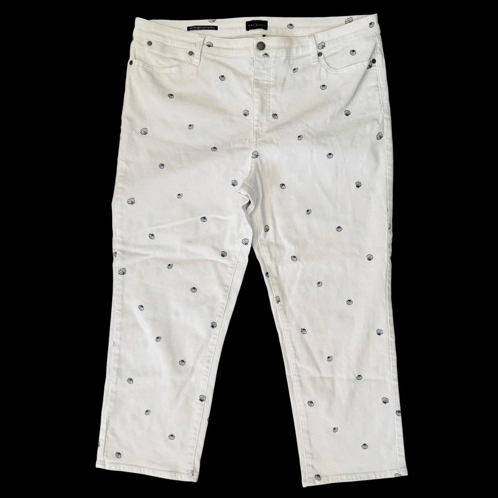 Talbots Crop Straight Leg Jeans White Sz 16 Embroidered Seashells Coastal Beachy